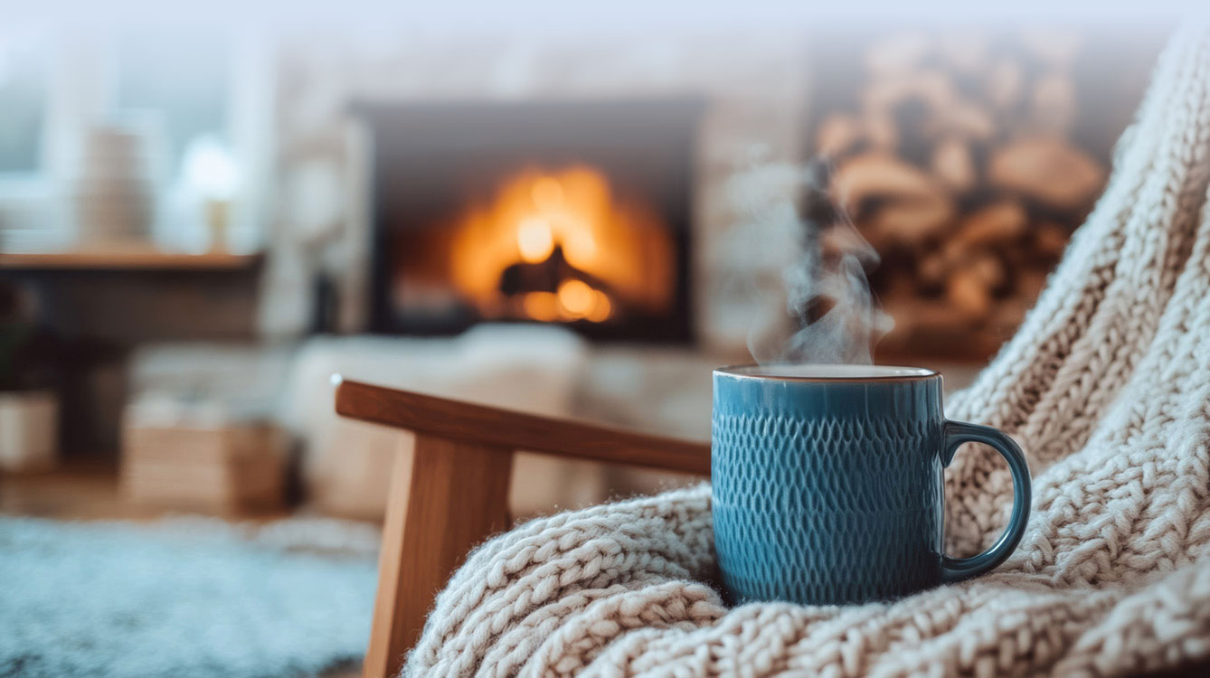 Ein blauer Kaffeebecher steht auf einem Stuhl vor einem Kamin